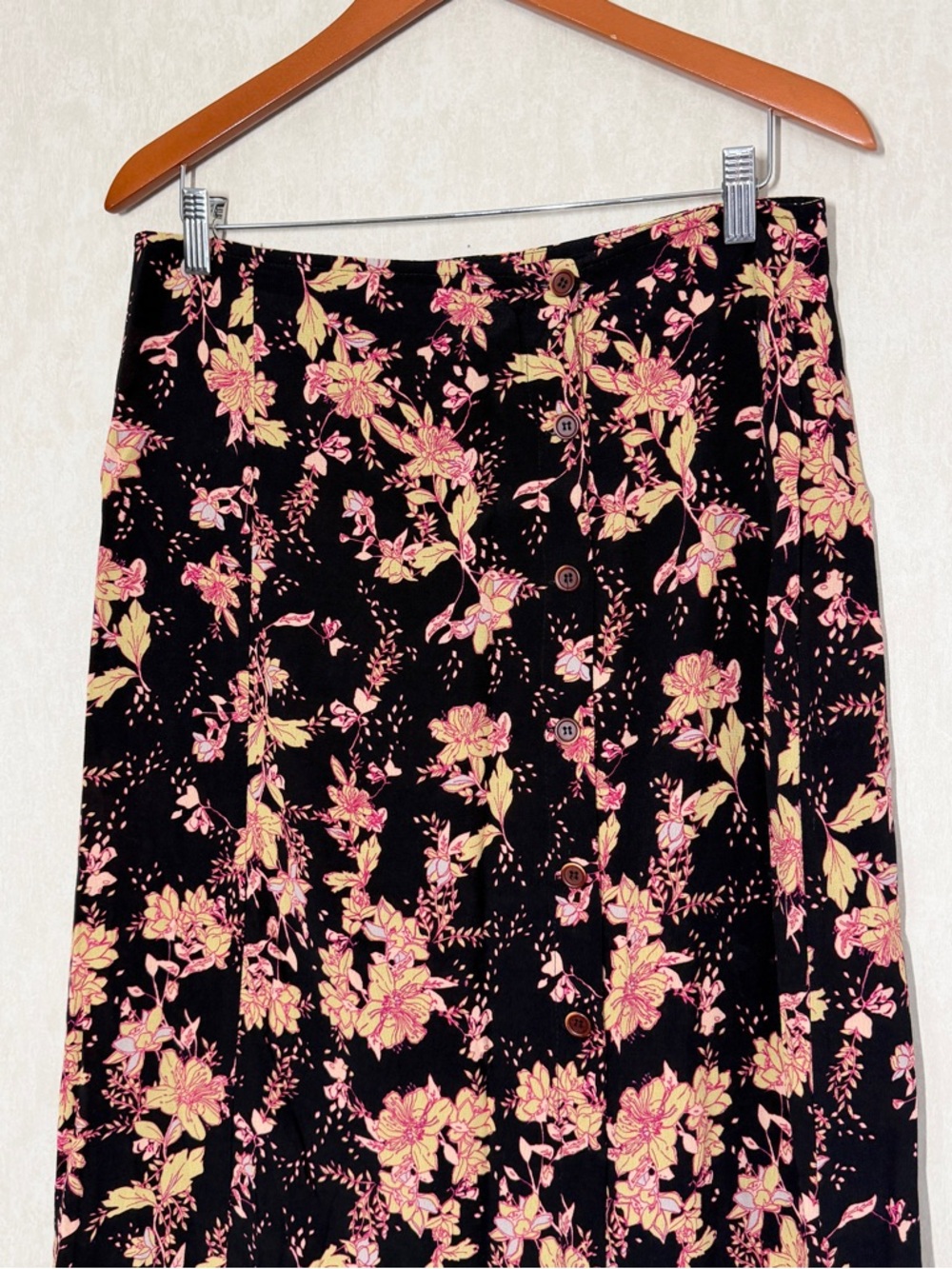 Free People Black Floral Midi Skirt with Pink and Yellow Accents - Picture 6 of 14